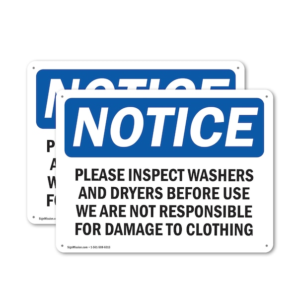 Signmission Please Inspect Washers And Dryers Before, 10 in W x Rectangle, Plastic OS-2PACK-NS-P-710-L-17465 - main